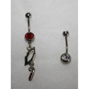 Lips Lipstick & Clear Rhinestone Dangle Belly Rings 14 Gauge Stainless Steel NIP